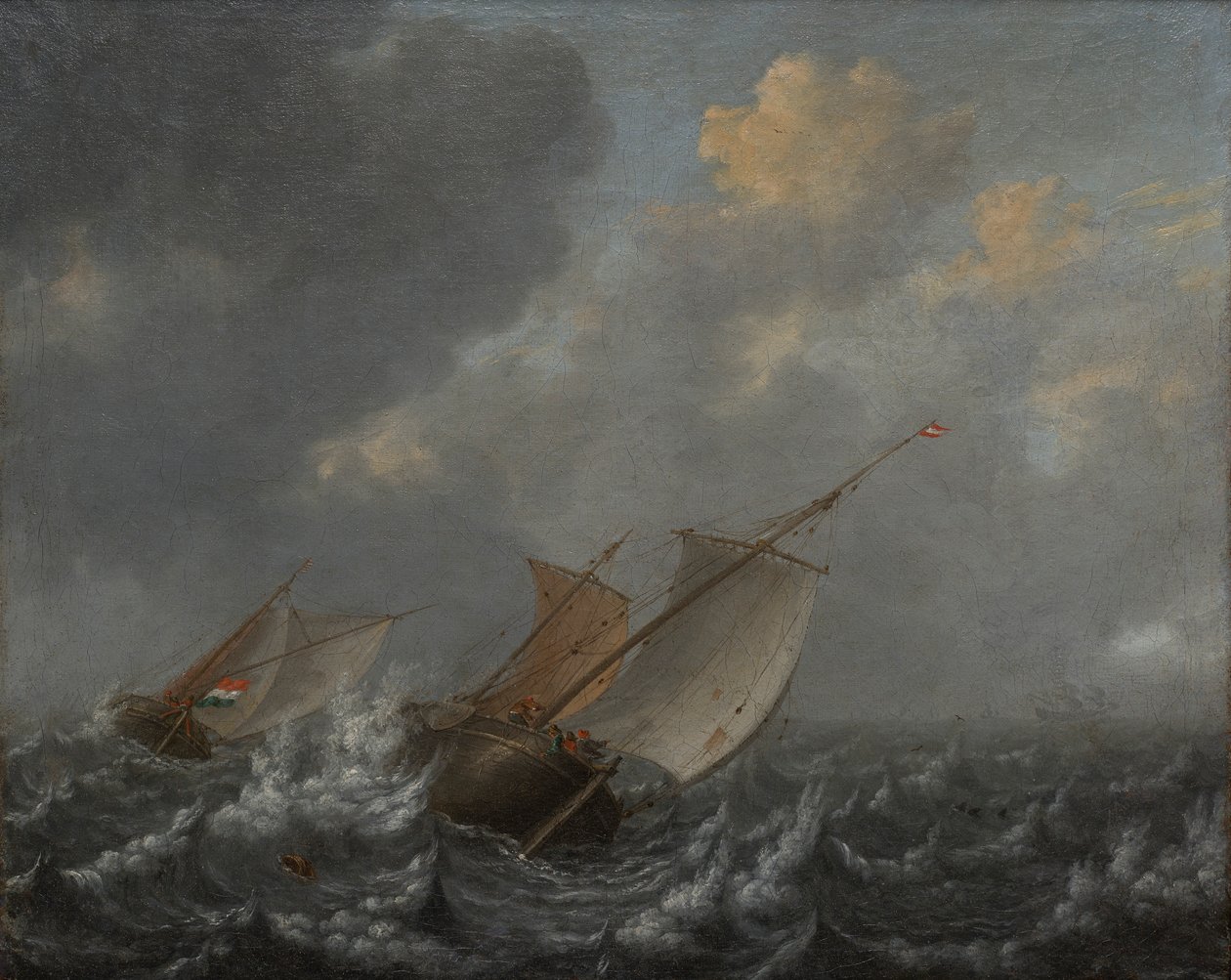 Schepen op een woelige zee door Jan Porcellis