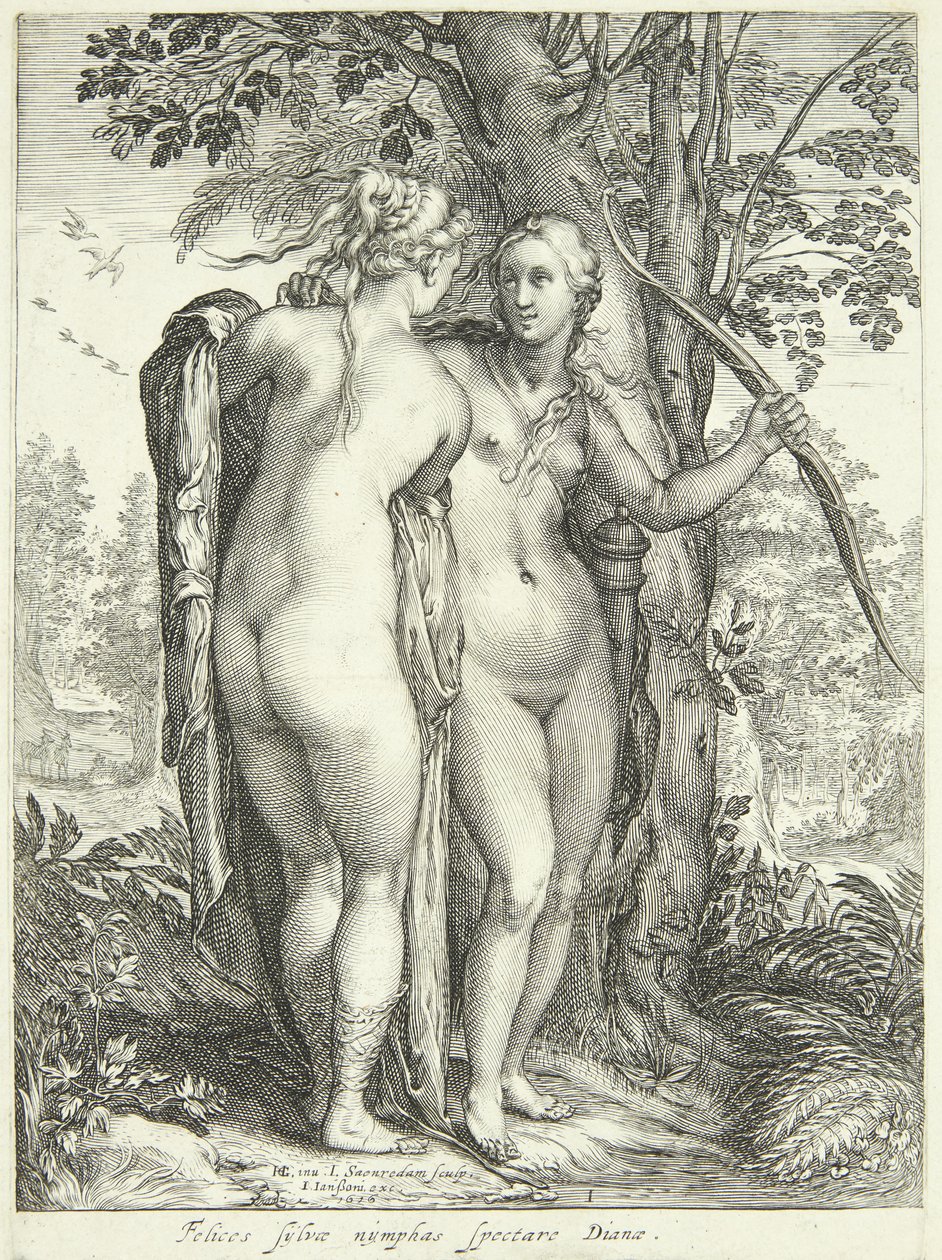 Diana en een nimf bij een boom door Jan Saenredam