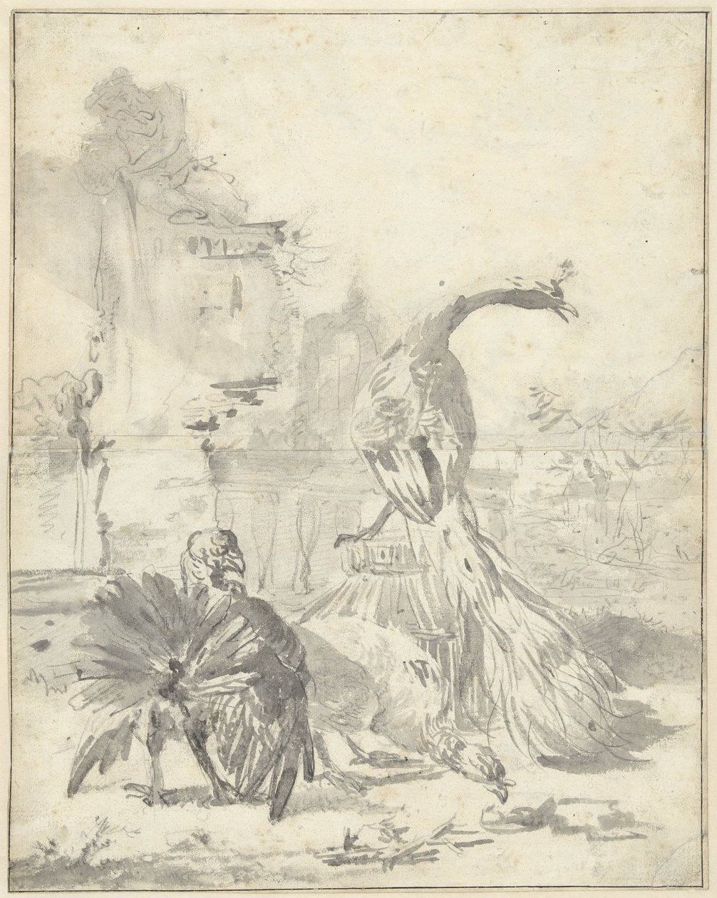Hoenderhof met een pauw en twee kalkoenen door Jan Baptist Weenix
