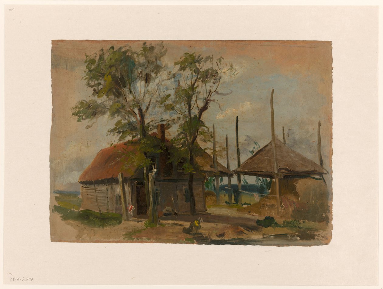 Boerenhuis met twee hooibergen door Jan Weissenbruch