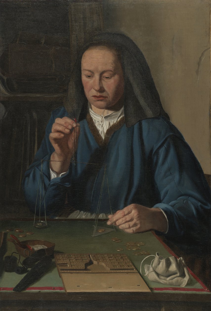 Vrouw die goud weegt door Jan Woutersz.