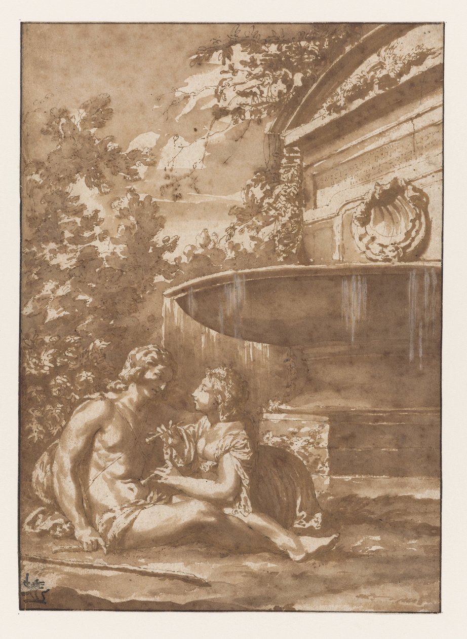 Idylle bij een fontein door Jan de Bisschop