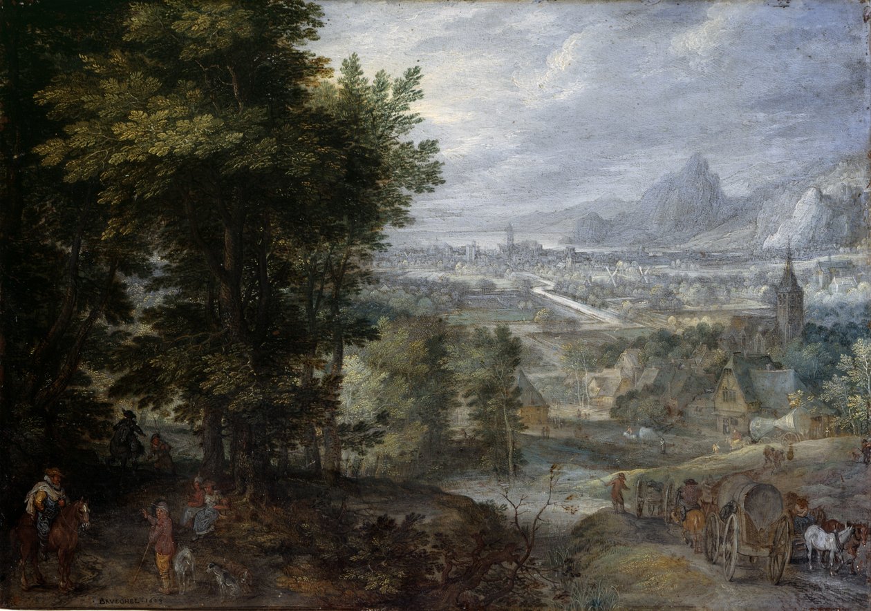 Een bebost landschap door Jan the Elder Brueghel