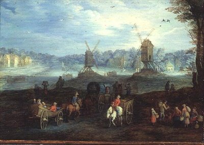 Landschap met windmolens door Jan the Elder Brueghel
