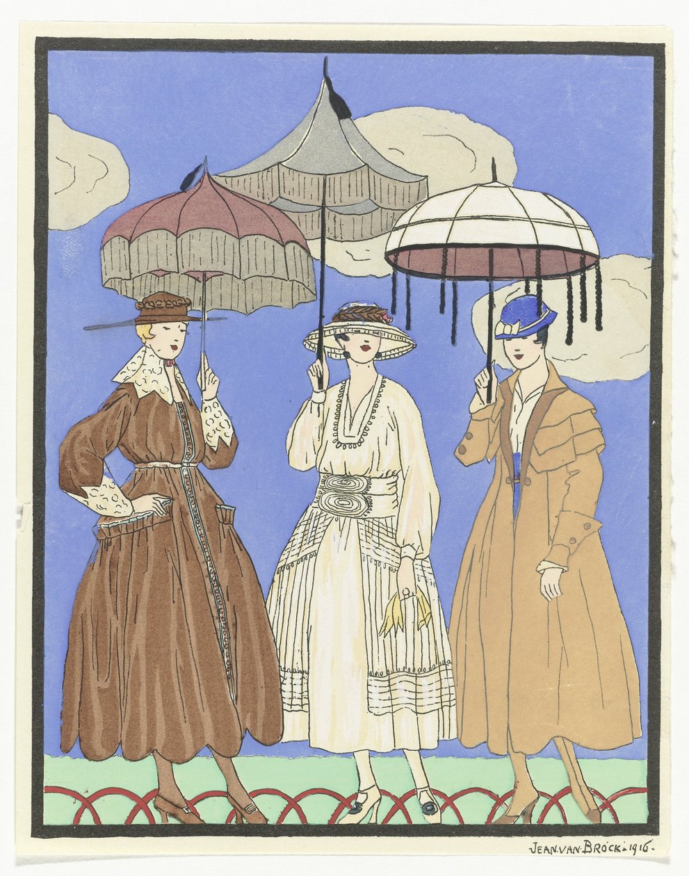 Drie vrouwen met parasols door Jan van Brock