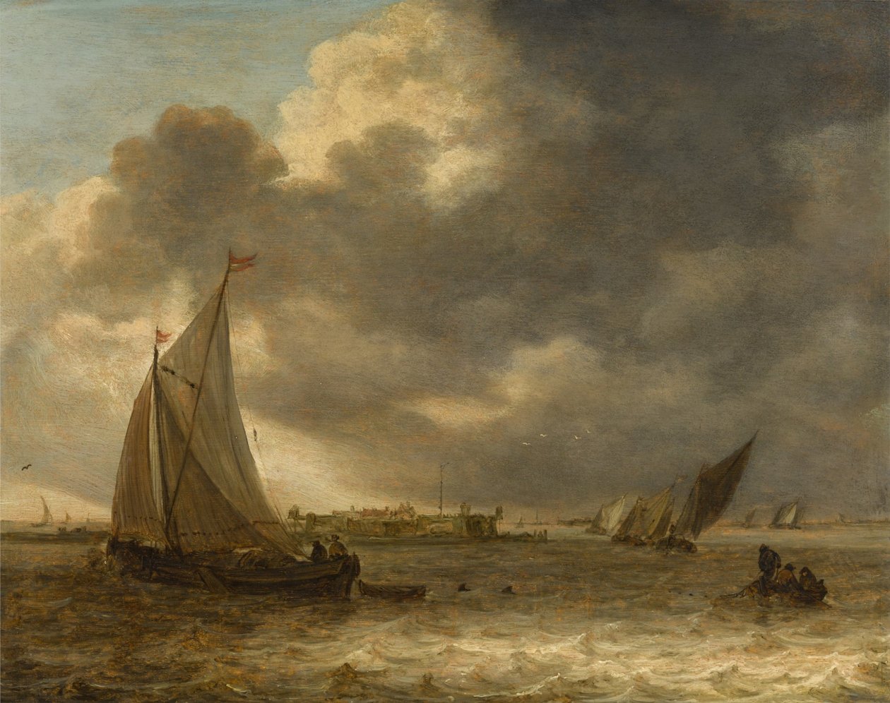 Een rivierlandschap met zeilschepen door Jan van Goyen