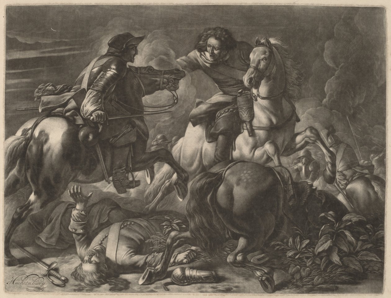 Twee vechtende ruiters door Jan van Huchtenburgh