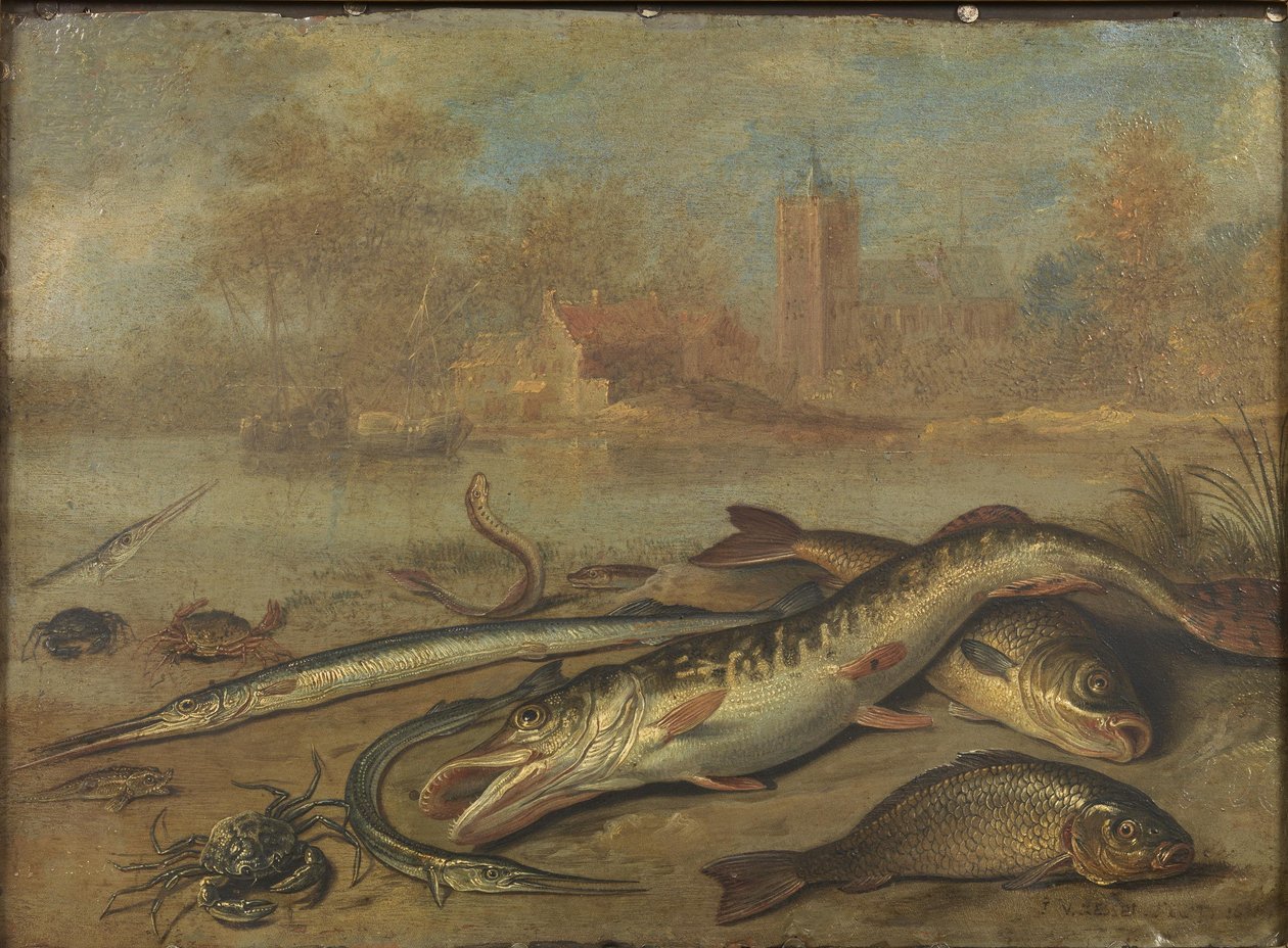 Vis en landschap door Jan van Kessel the Elder