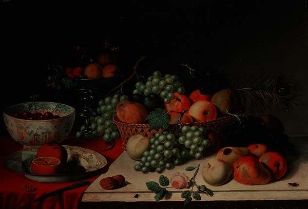 Een mand met druiven en appels door Jan van Os