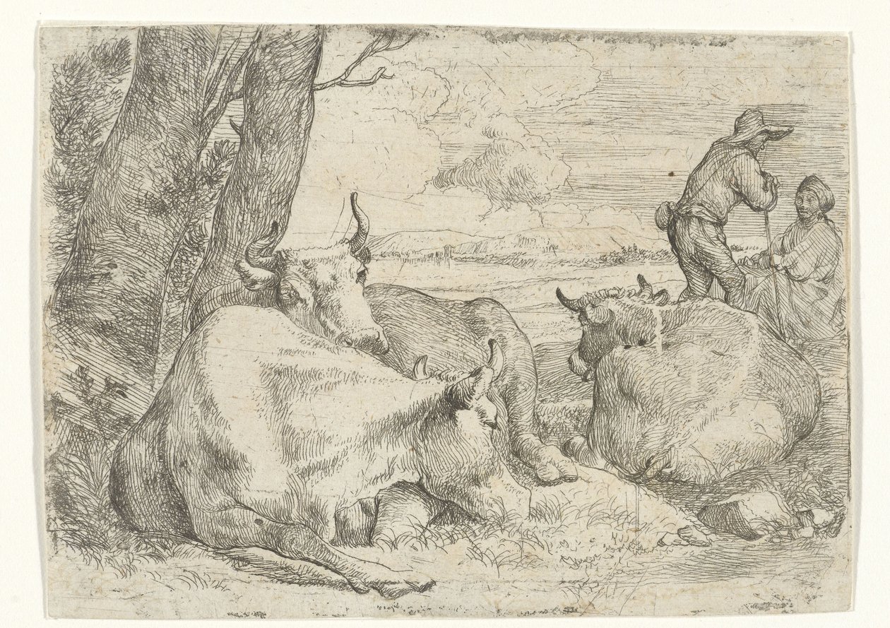 Drie koeien en twee herders door Jan van Ossenbeeck