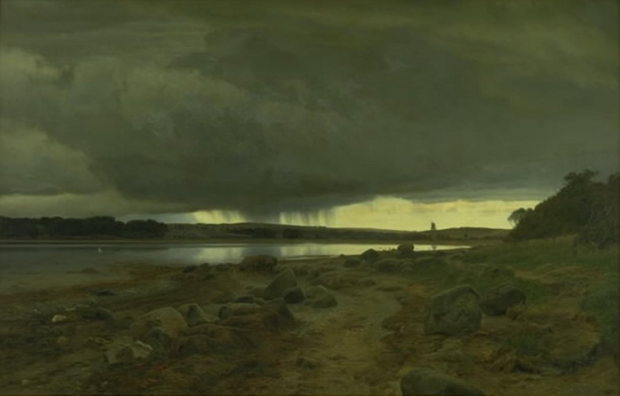 Een regenachtig landschap. Kalø Vig, Jutland door Janus La Cour