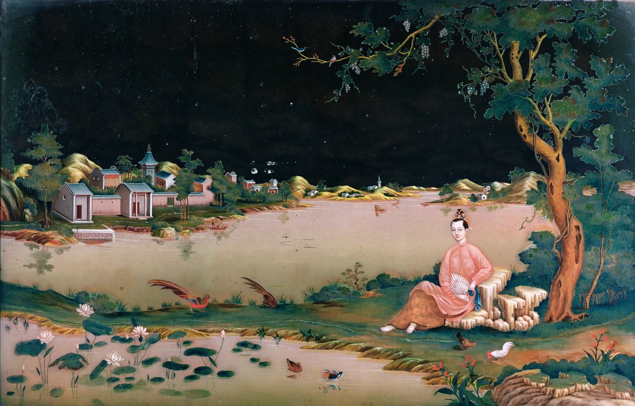 Japanse spiegel schilderij met een zittend meisje, ca. 1800 door Japanese School