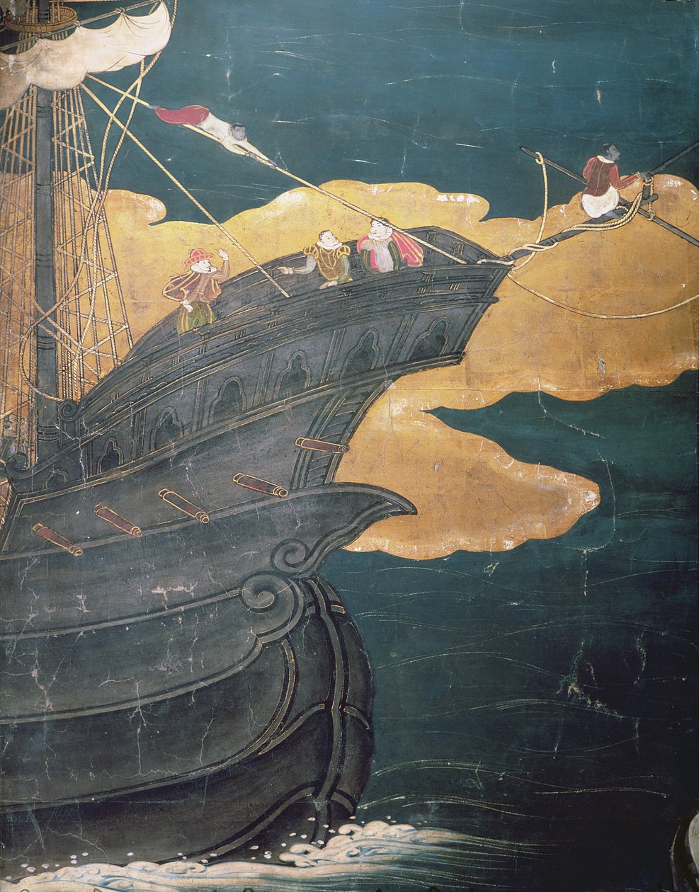 De aankomst van de Portugezen in Japan, detail (scheepsboeg), van een Namban Byobu-scherm, 1594-1618 door Japanese School