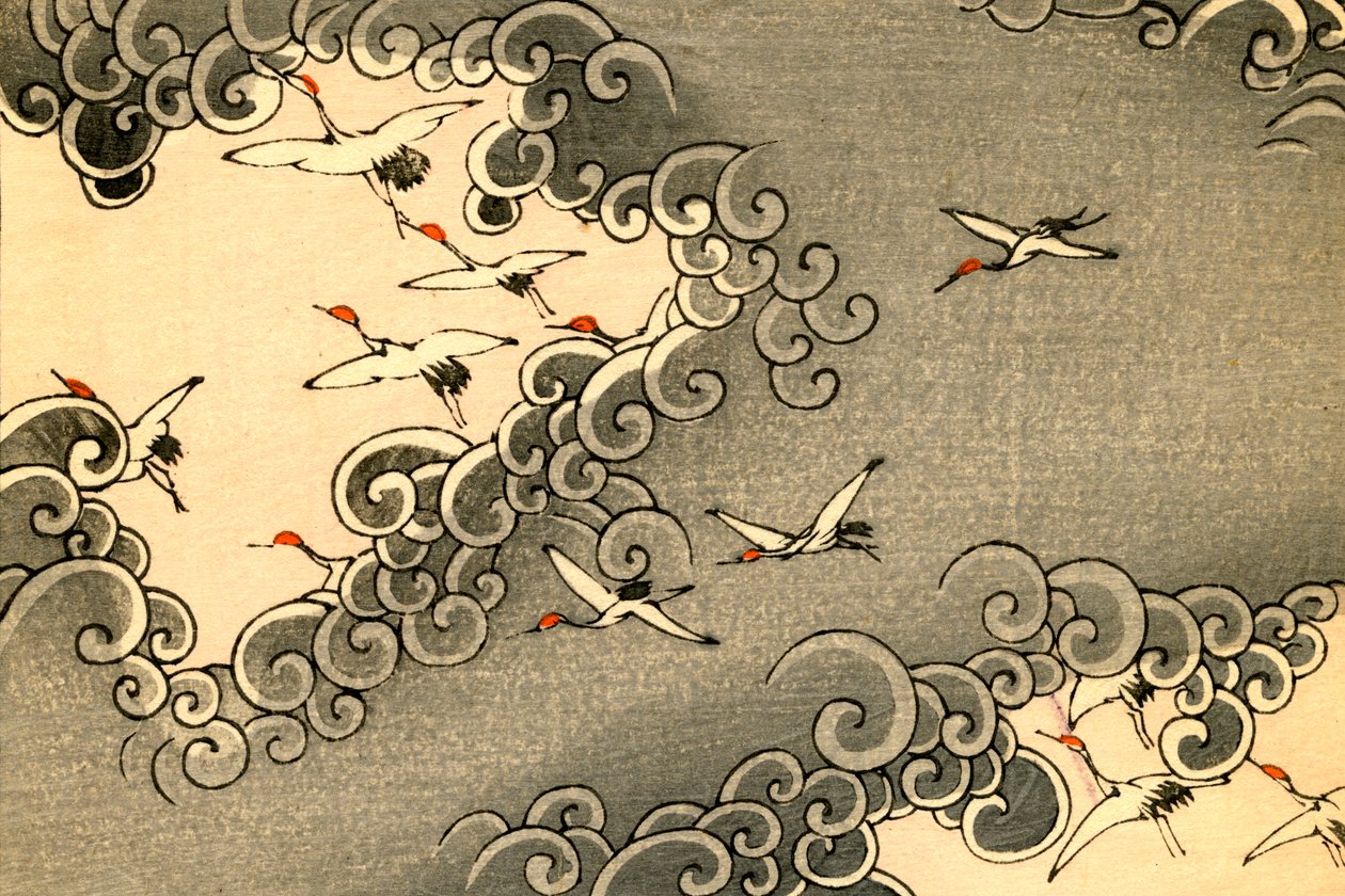 Kranen vliegen in grijze wolken door Japanese School