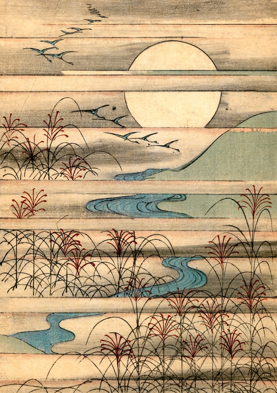 Volle maan boven een rivierlandschap door Japanese School