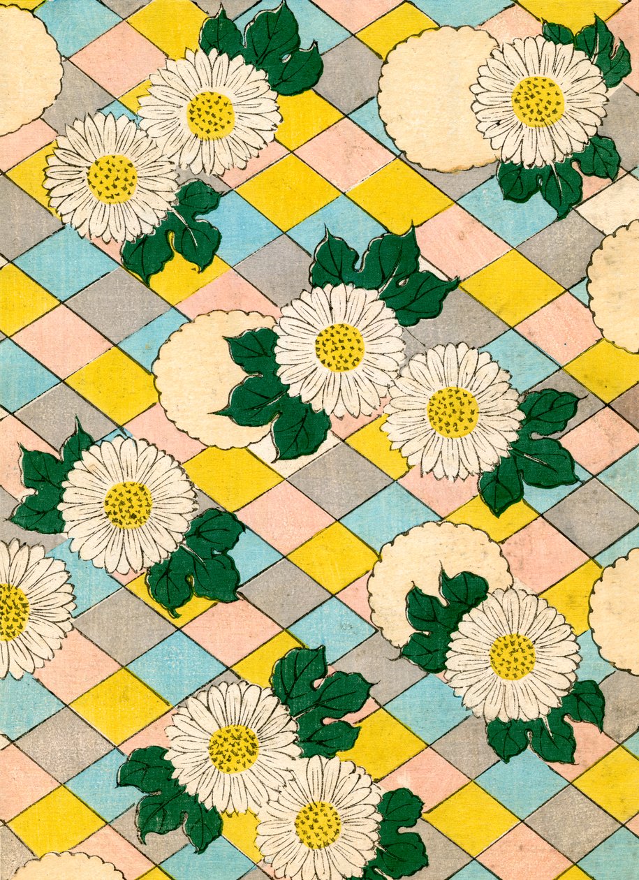 Kleuren houtsnede van Chrysant Bloesems door Japanese School