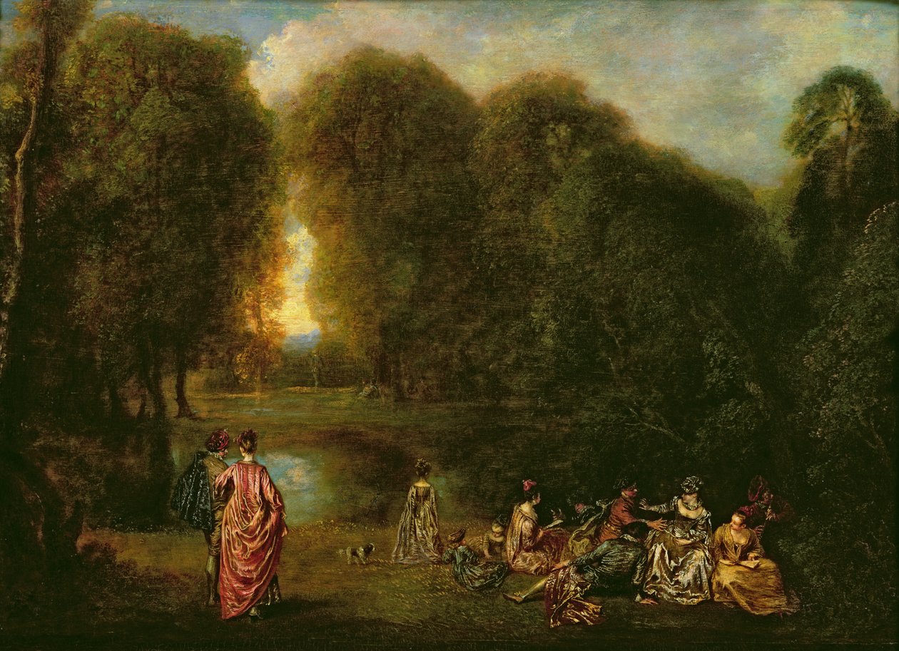 Een ontmoeting in een park door Jean Antoine Watteau