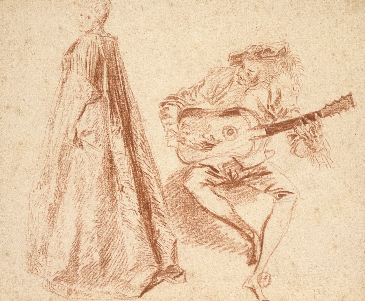 Meisje staand in profiel naar links, kijkend over haar linkerschouder, met een man rechts die gitaar speelt door Jean Antoine Watteau