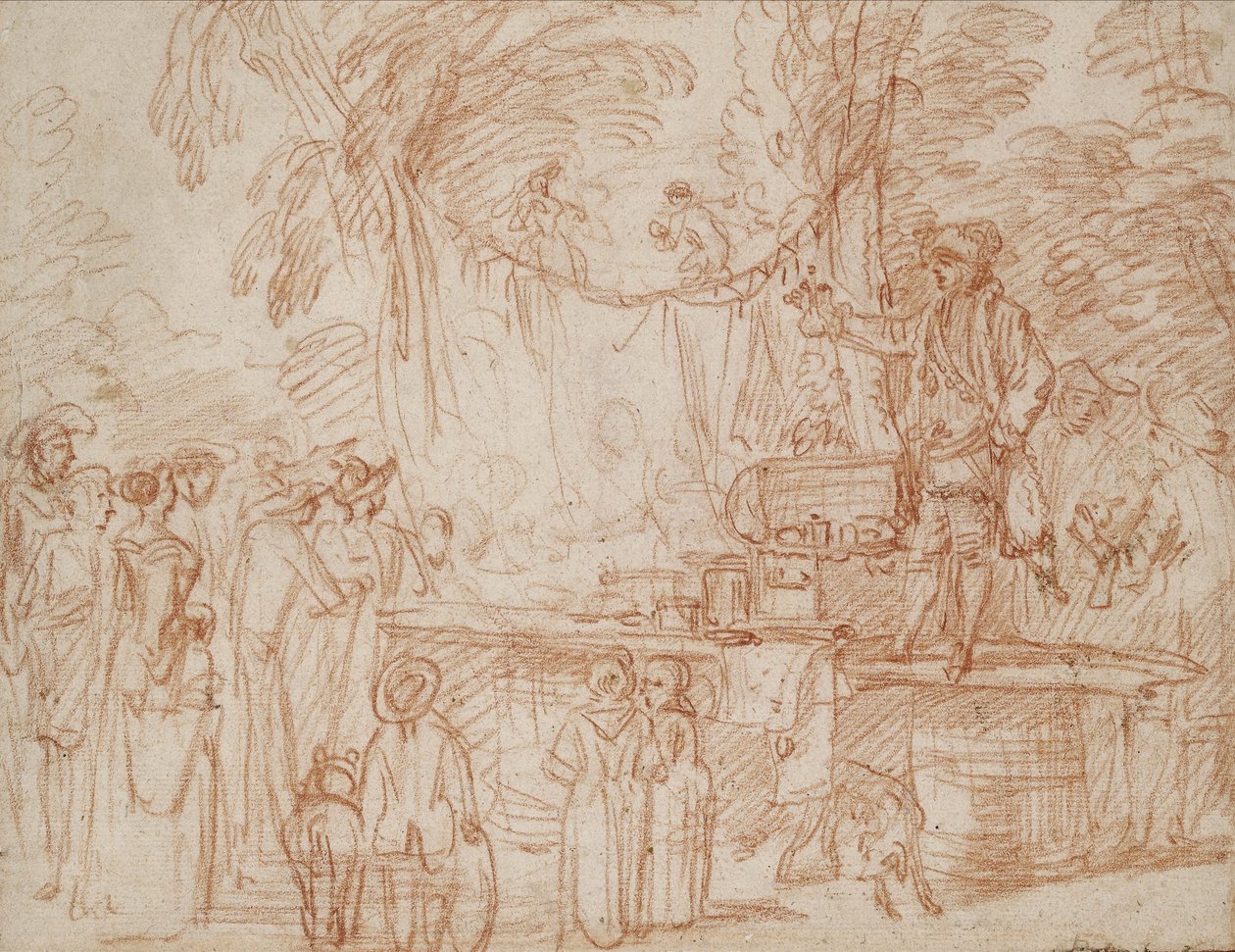 Recto; Kwakzalver verkoopt zijn Waren in de open Lucht door Jean Antoine Watteau