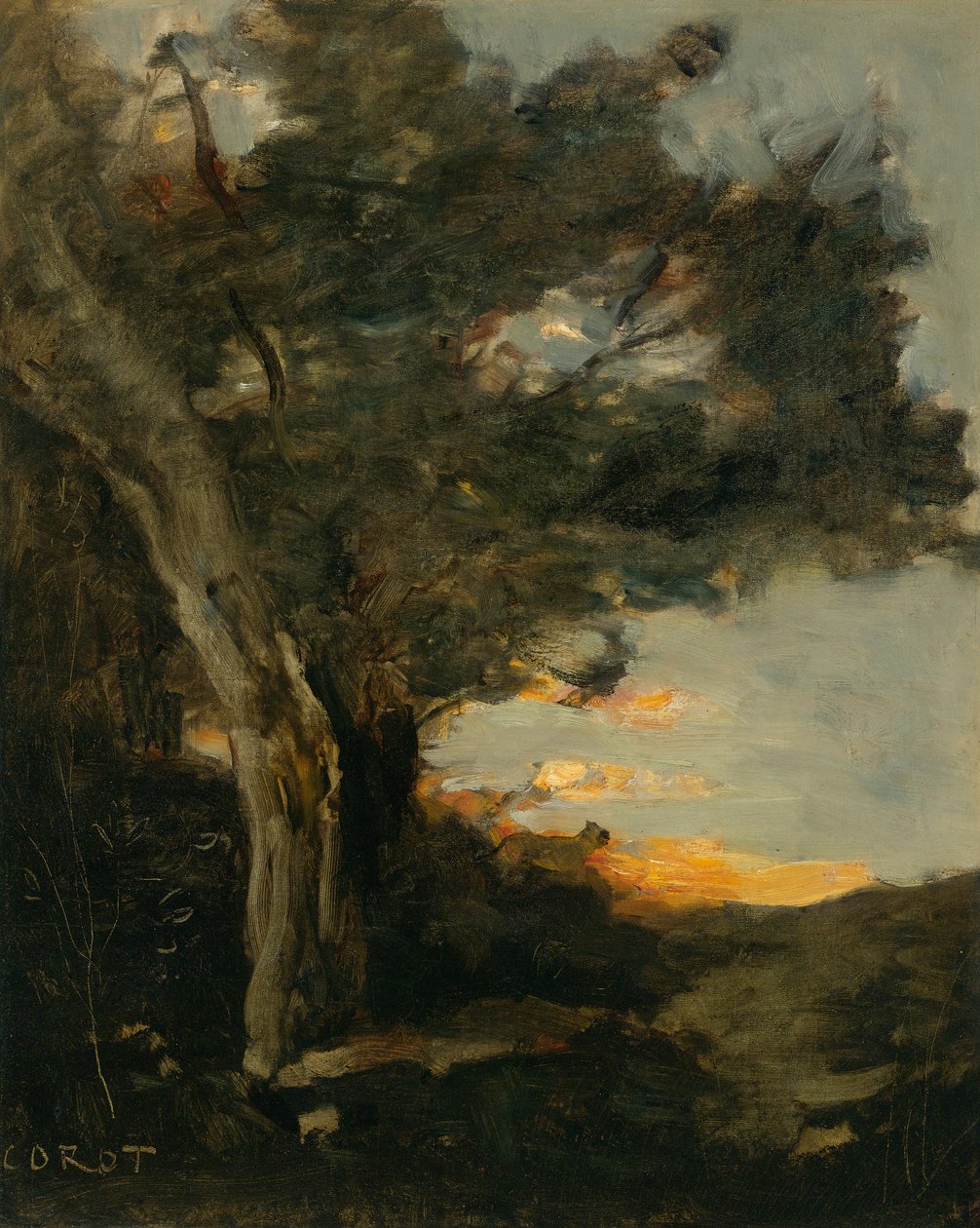 Zonsondergang met een leeuwin door Jean Baptiste Camille Corot