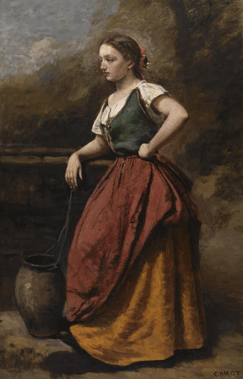Jonge vrouw bij de fontein door Jean Baptiste Camille Corot