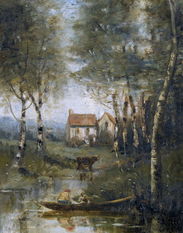 De rivier met boot en huis door Jean Baptiste Camille Corot