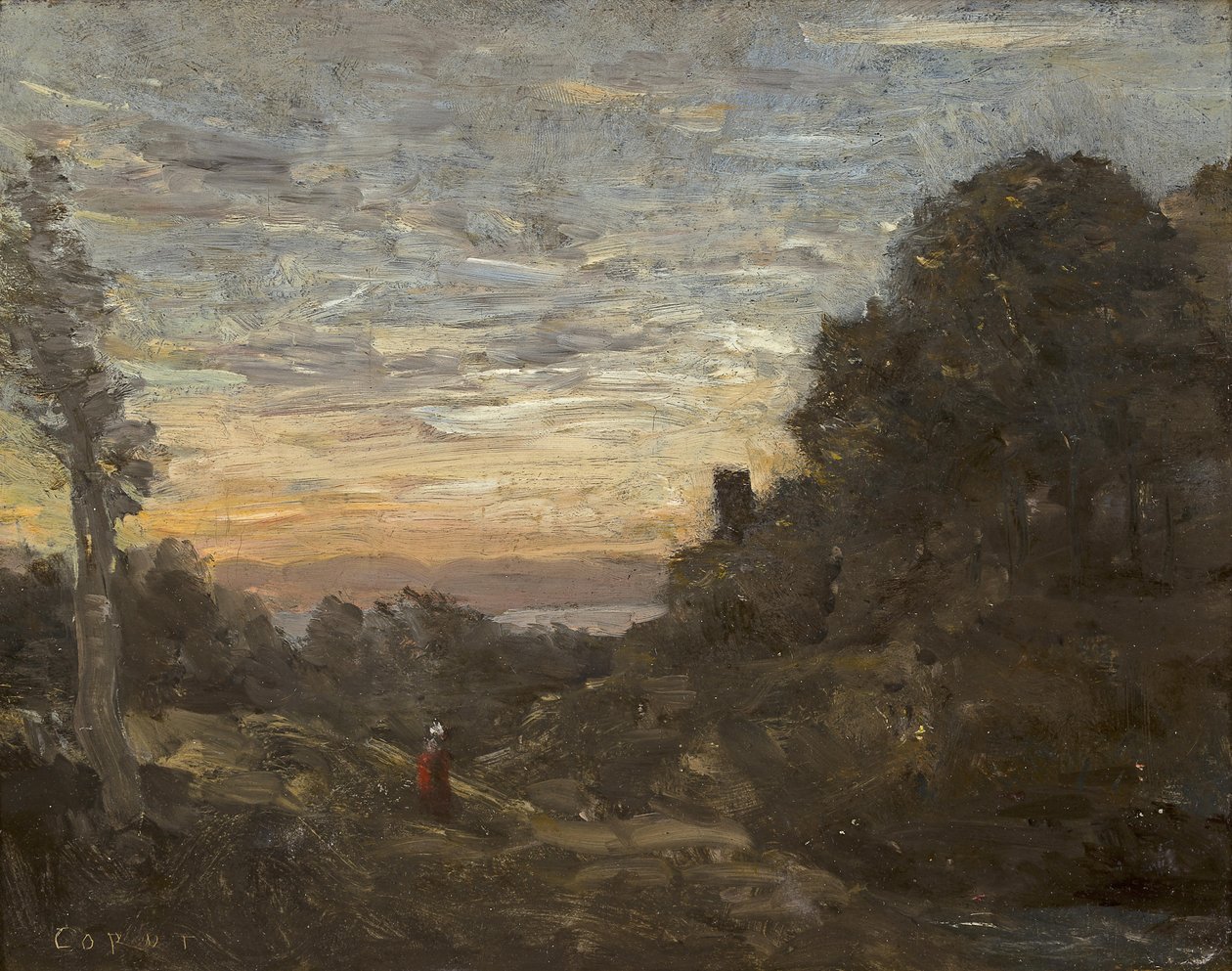 De toren in de bomen door Jean Baptiste Camille Corot