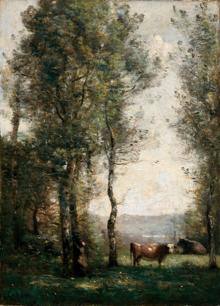 Boslandschap met koeien in een open plek door Jean Baptiste Camille Corot