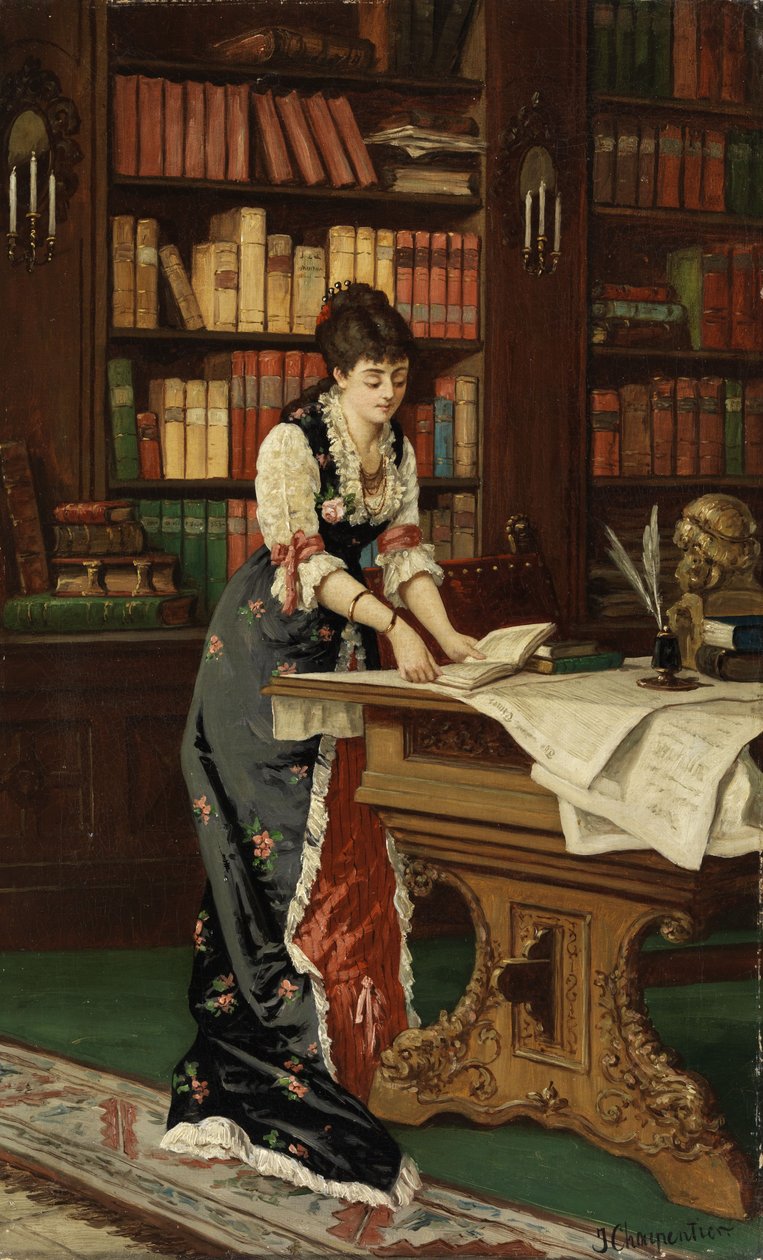 Jonge vrouw bij het lezen in een bibliotheek door Jean Baptiste II Charpentier