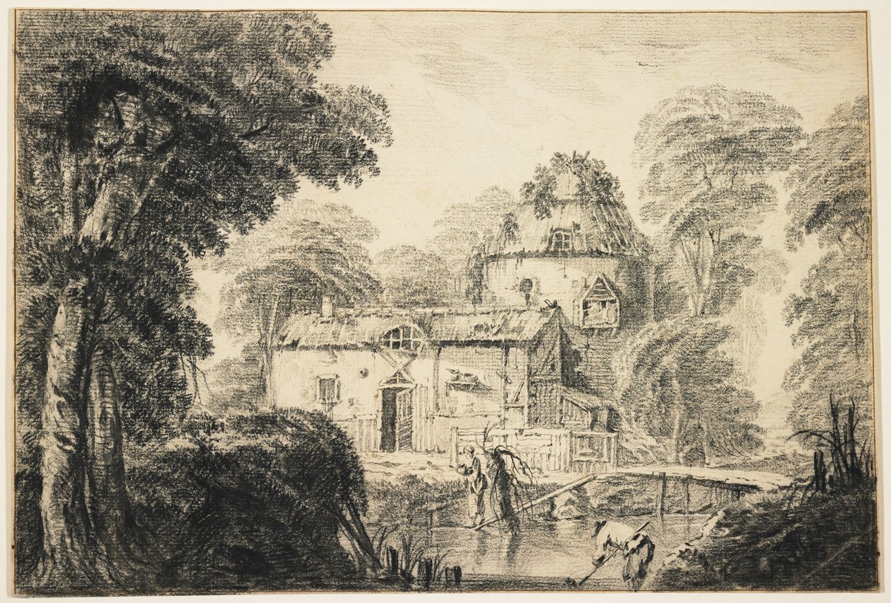 Landschap met een huisje en boeren, ca. 1770 door Jean Baptiste Pillement