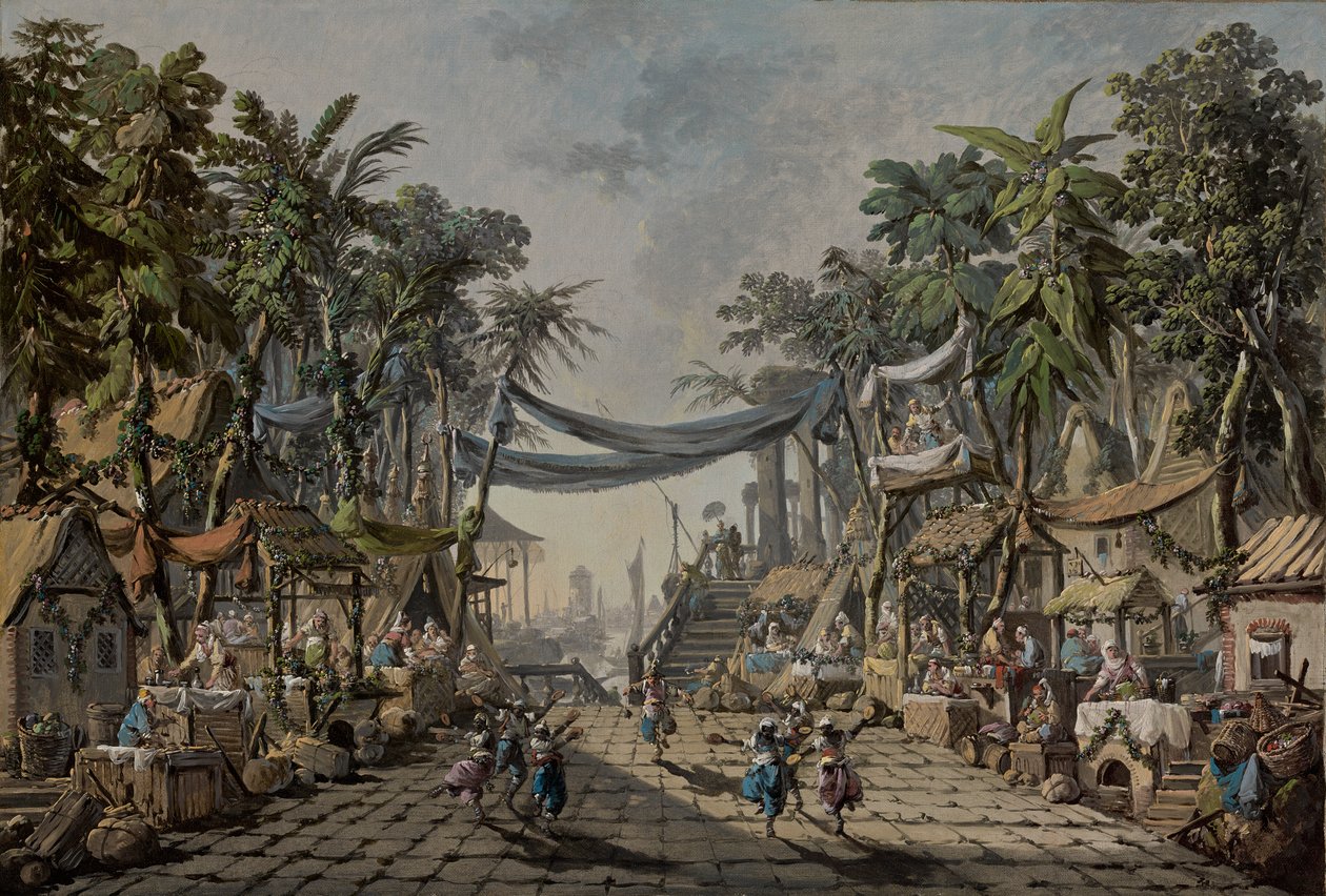 Marktscène in een denkbeeldige oosterse haven door Jean Baptiste Pillement