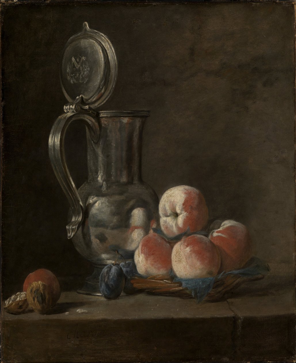 Stilleven met tinnen kan en perziken door Jean Baptiste Simeon Chardin