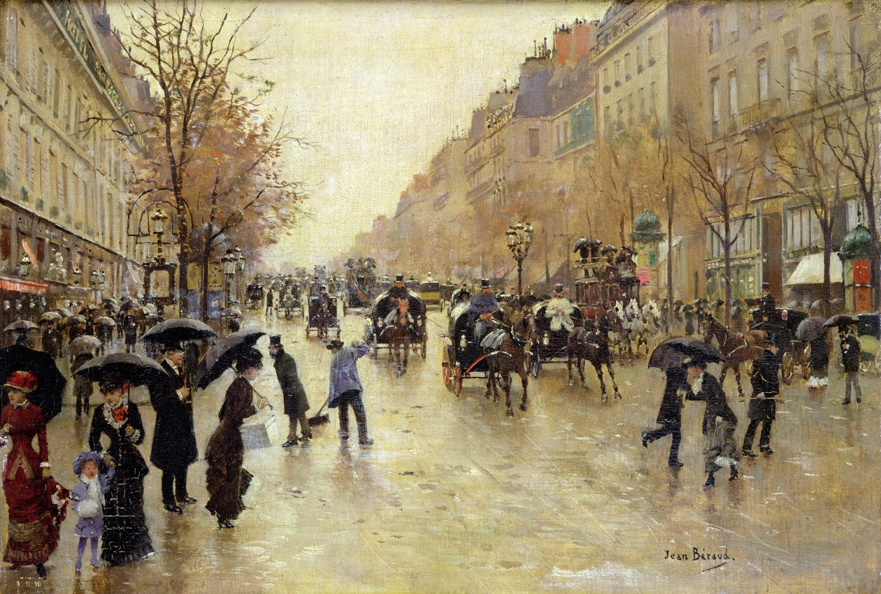 Boulevard Poissonniere in de regen, c.1885 door Jean Beraud