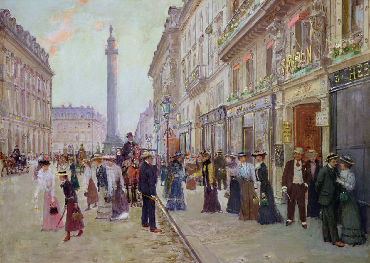 Werknemers verlaten de Maison Paquin, in de rue de la Paix, ca. 1900 door Jean Beraud