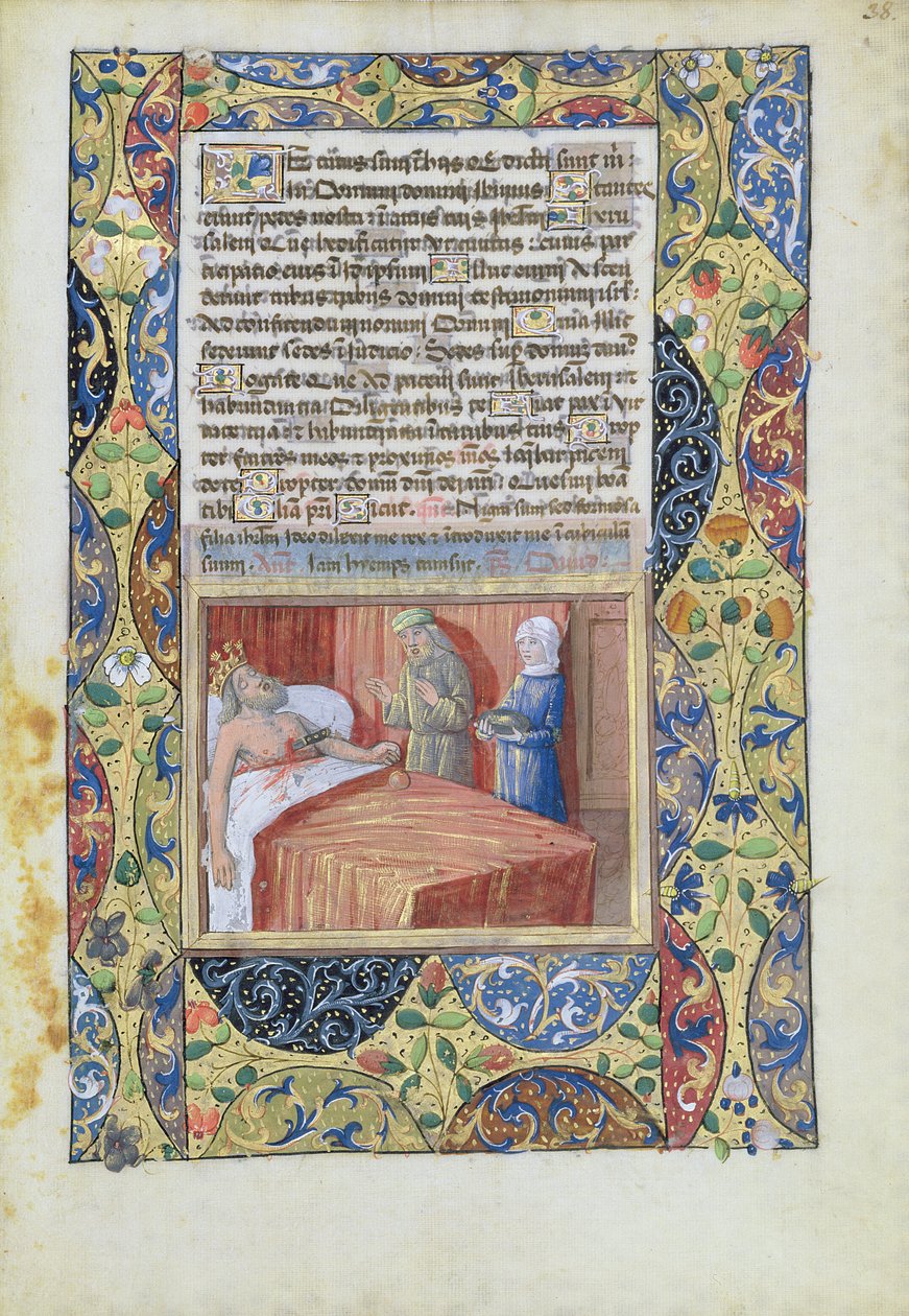 Ms Lat. Q.v.I.126 f.38 De koning met een mes door zijn hart gestoken, uit het 