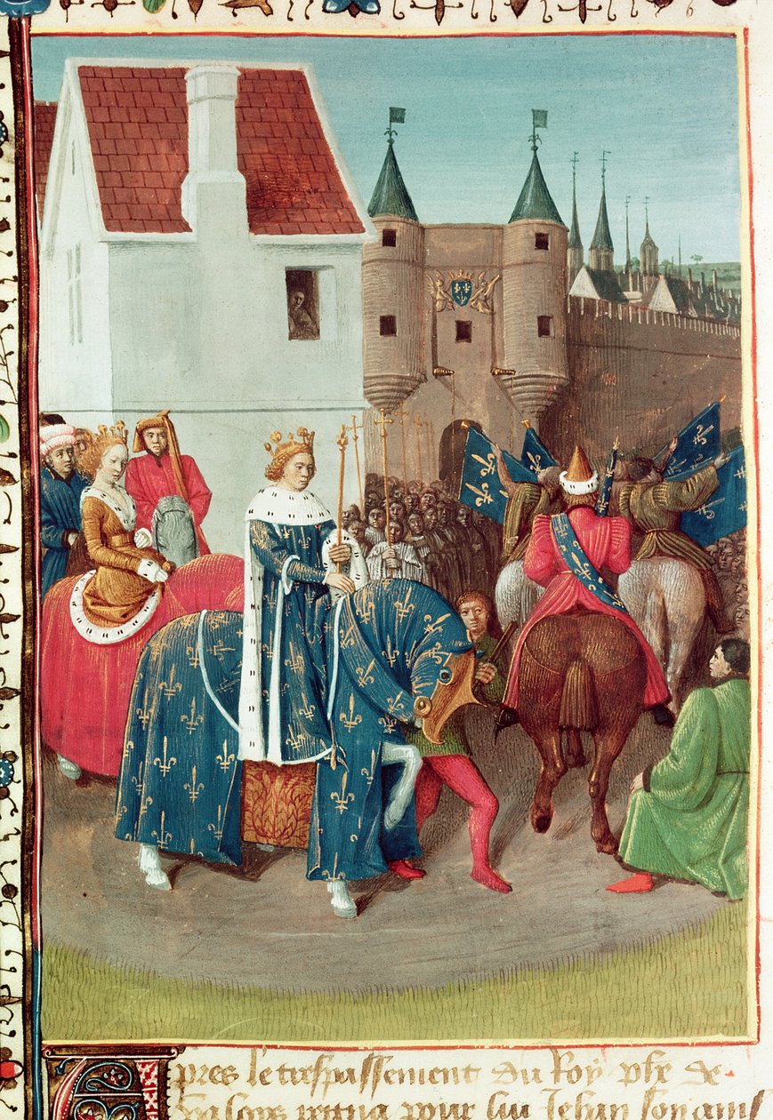 Ms Fr 6465 f.378v Intocht in Parijs van Koning Jan II (1319-64) Le Bon en Koningin Jeanne van Boulogne, uit 