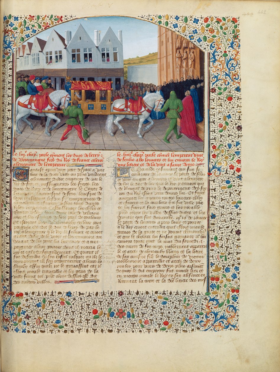 Aankomst van keizer Karel IV (1316-78) bij de basiliek van Saint-Denis, uit de Grandes Chroniques de France, c.1460 door Jean Fouquet