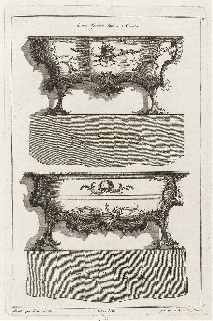 Twee verschillende ontwerpen van commodes door Jean François Cuvilliés