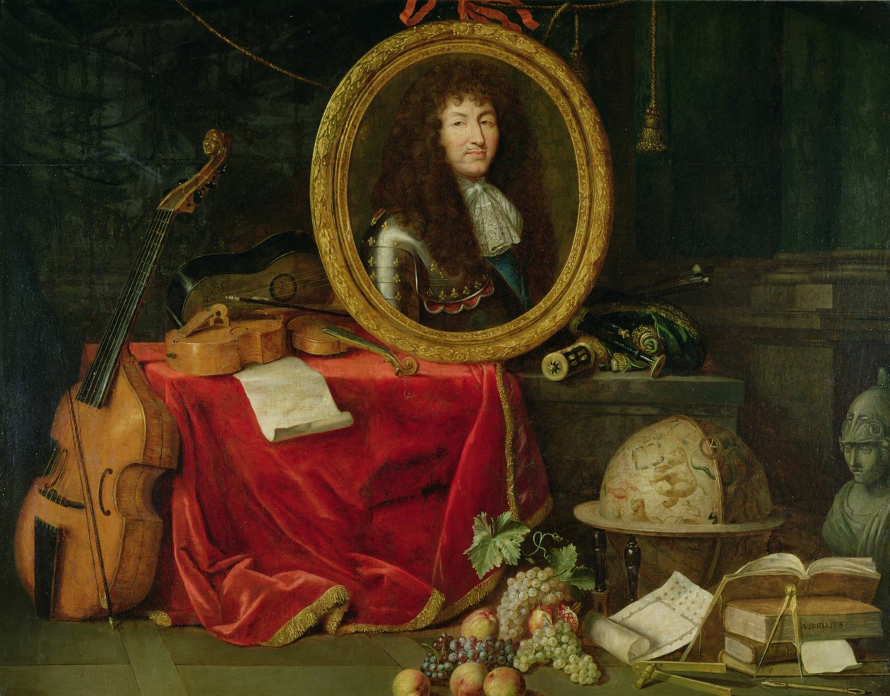 Stilleven met portret van koning Lodewijk XIV (1638-1715) omringd door muziekinstrumenten, bloemen en fruit, 1672 door Jean Garnier