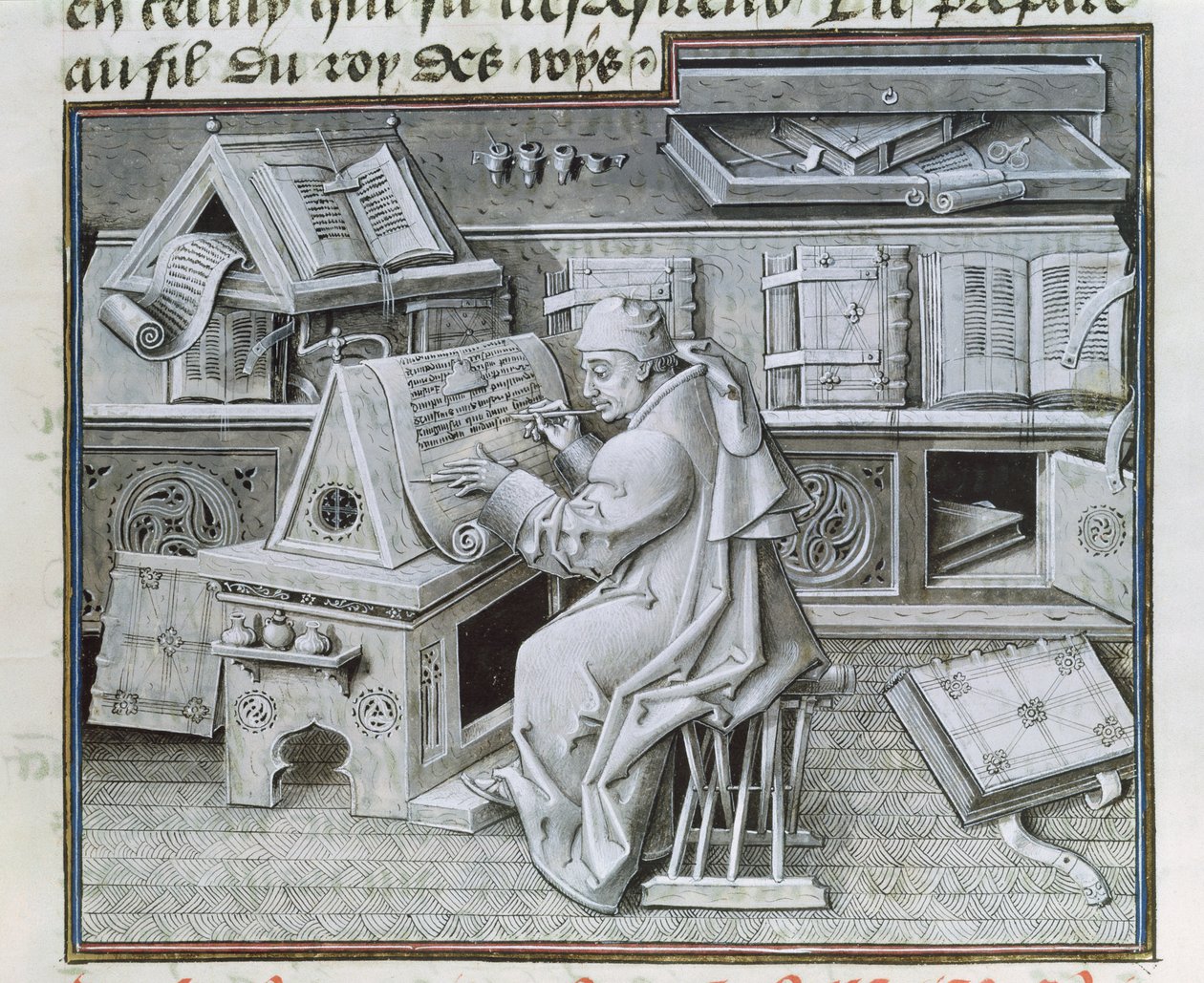 De kopiist Jean Mielot aan het werk in zijn scriptorium, uit 