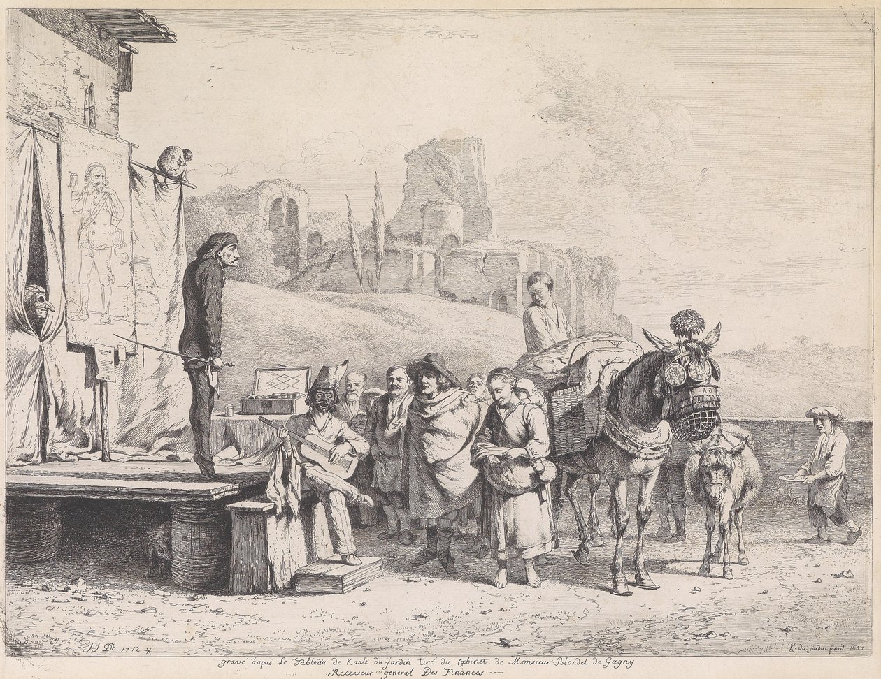 Theaterkaravaan in een Italiaanse landschap met ruïnes door Jean Jacques de Boissieu