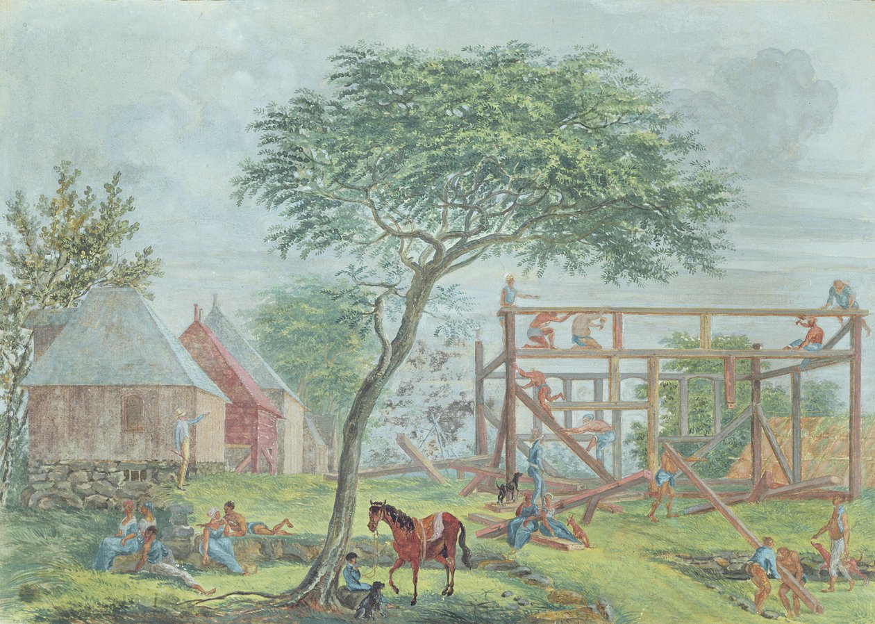 Een huis bouwen op het Ile de la Reunion, c.1810-15 door Jean Joseph Patu de Rosemont