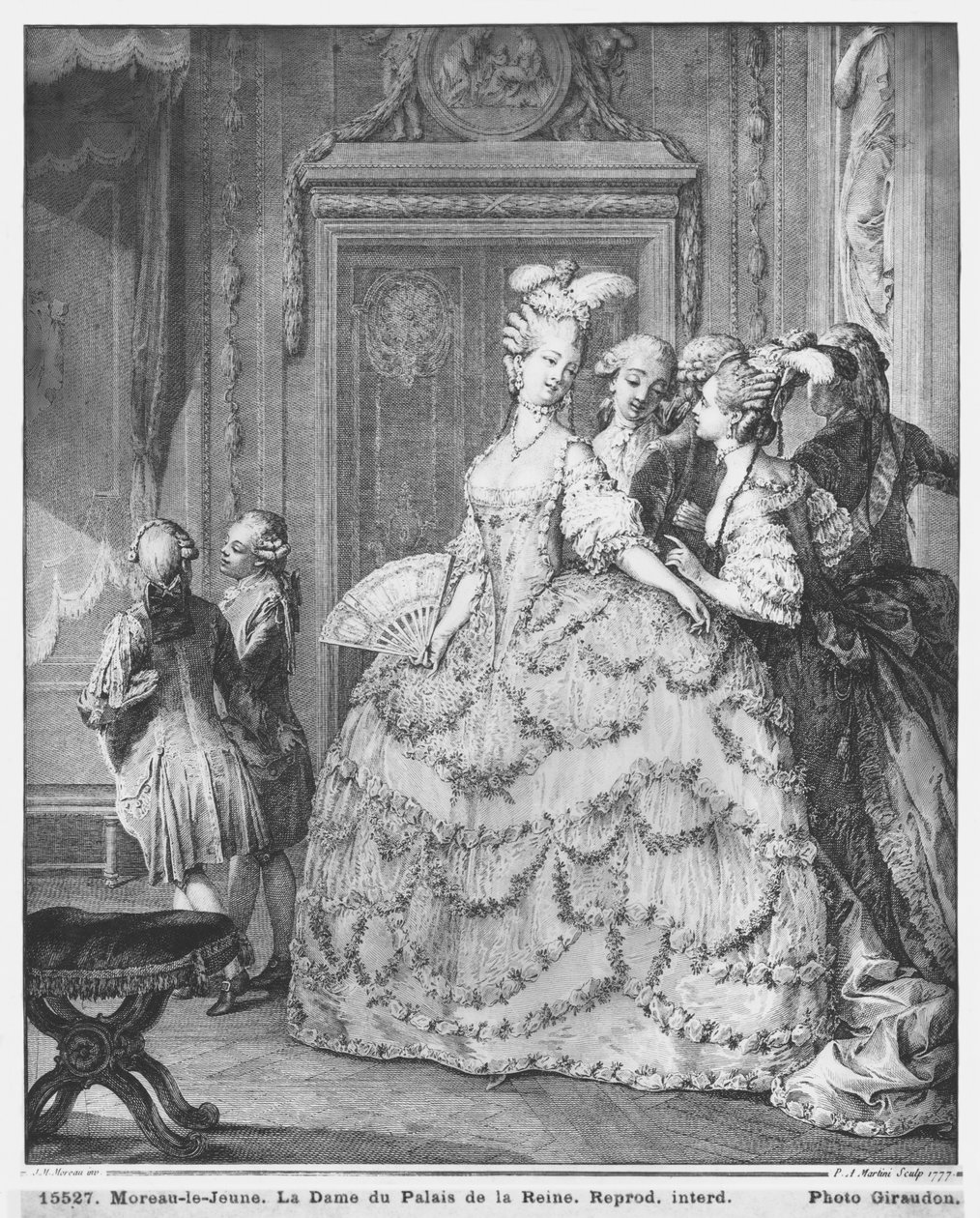 De dame in het Palais de la Reine, gegraveerd door Pietro Antonio Martini (1739-97) 1777 door Jean Michel the Younger Moreau