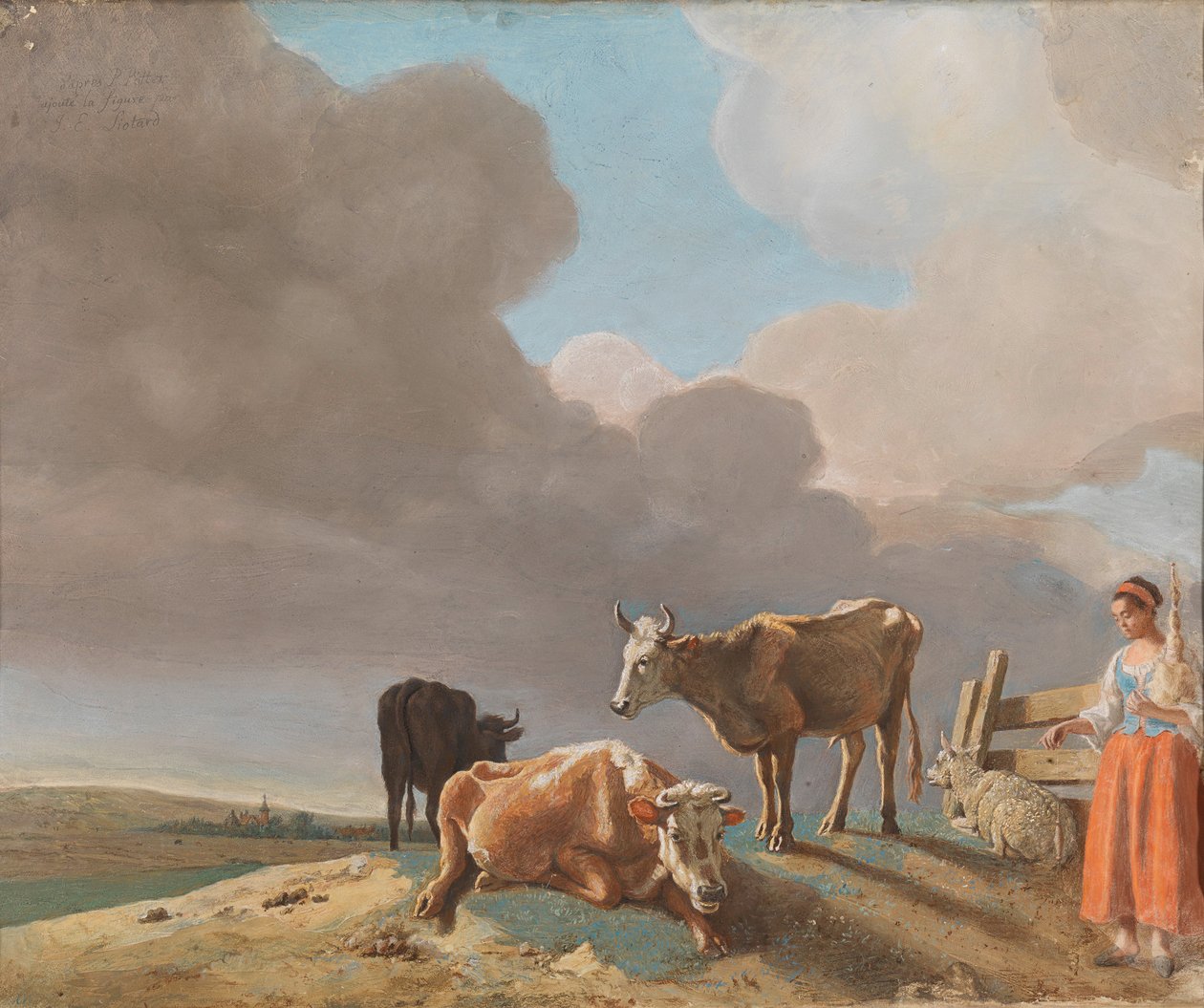 Landschap met Koeien, Schapen en Herderin door Jean Étienne Liotard