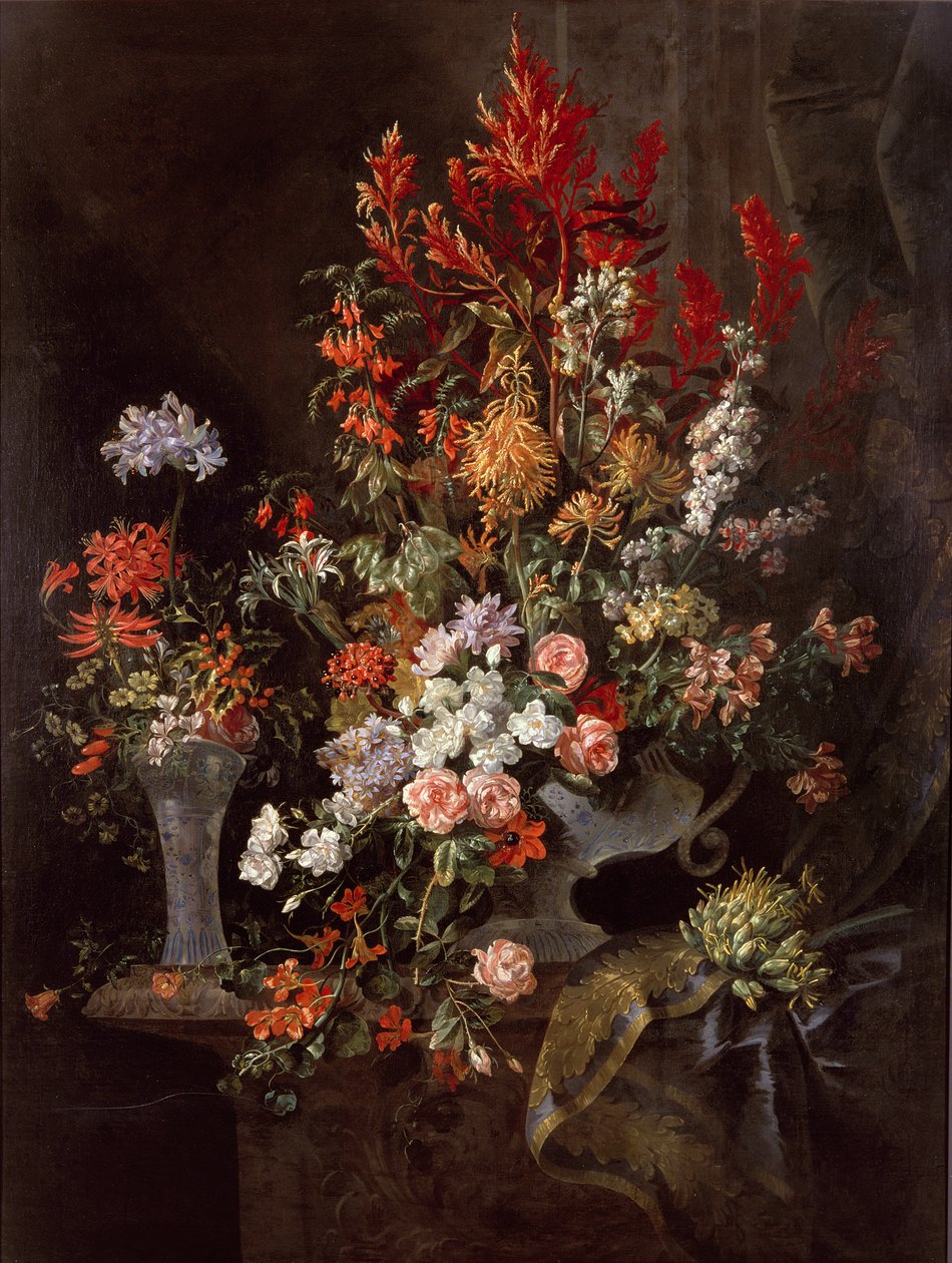Twee vazen met bloemen door Jean Baptiste Monnoyer