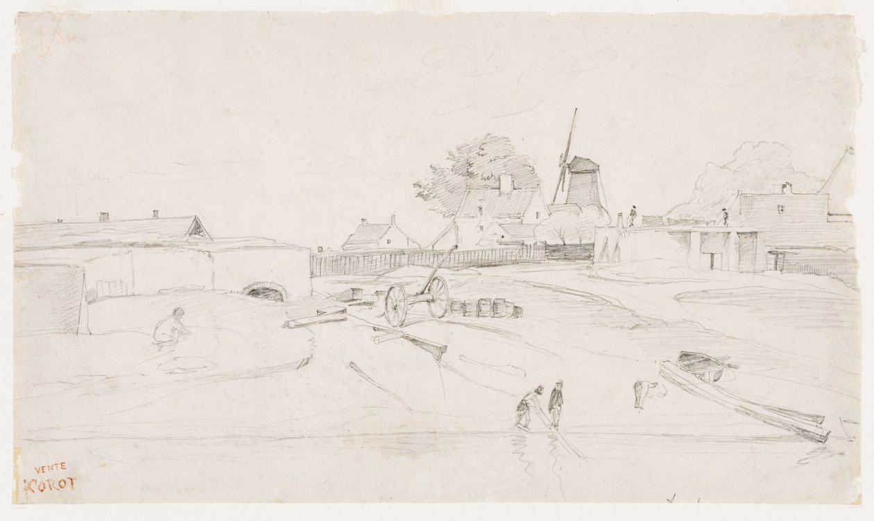 Windmolen in Duinkerken, ca. 1830 door Jean Baptiste Camille Corot