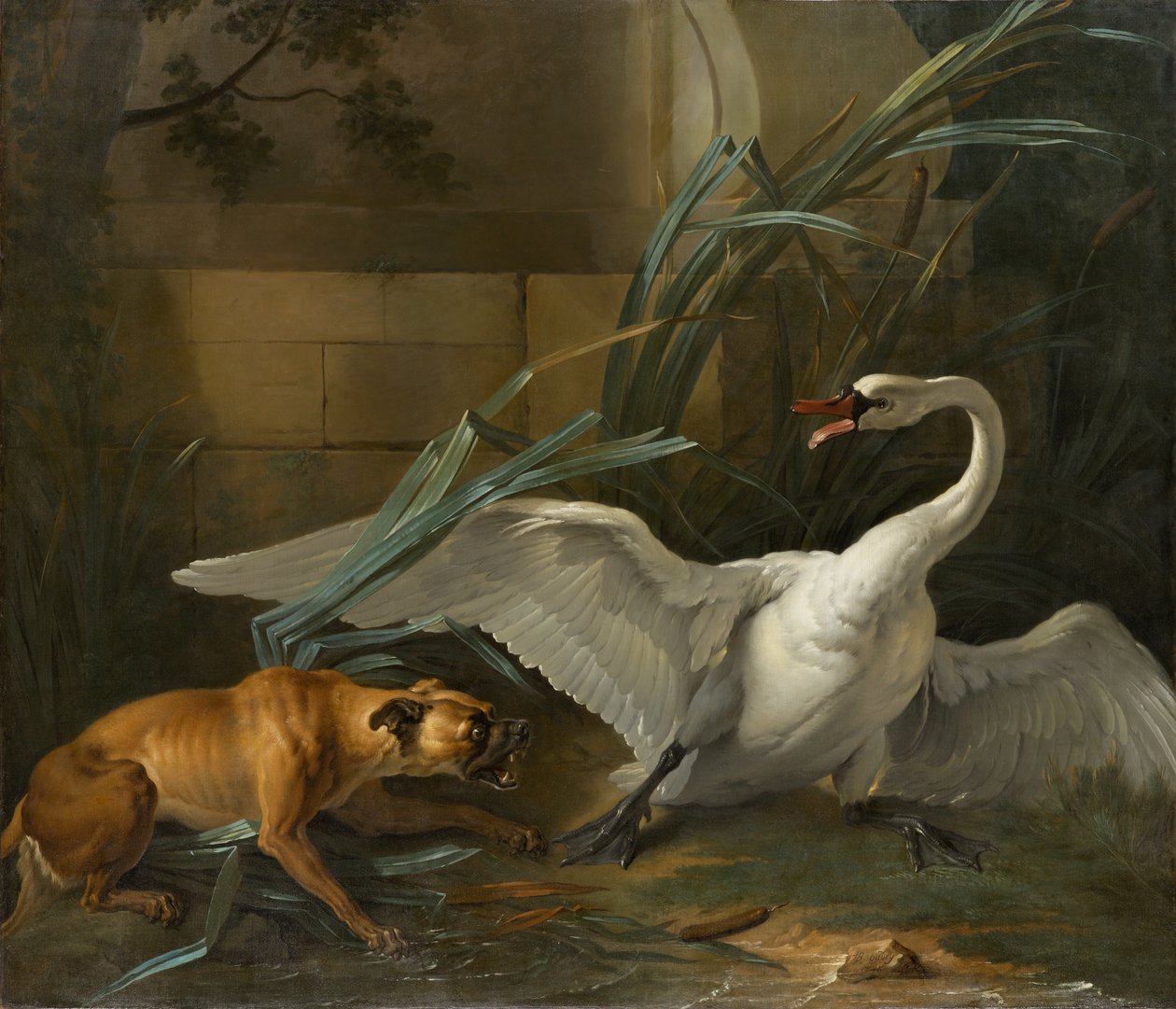 Zwaan aangevallen door een hond door Jean Baptiste Oudry