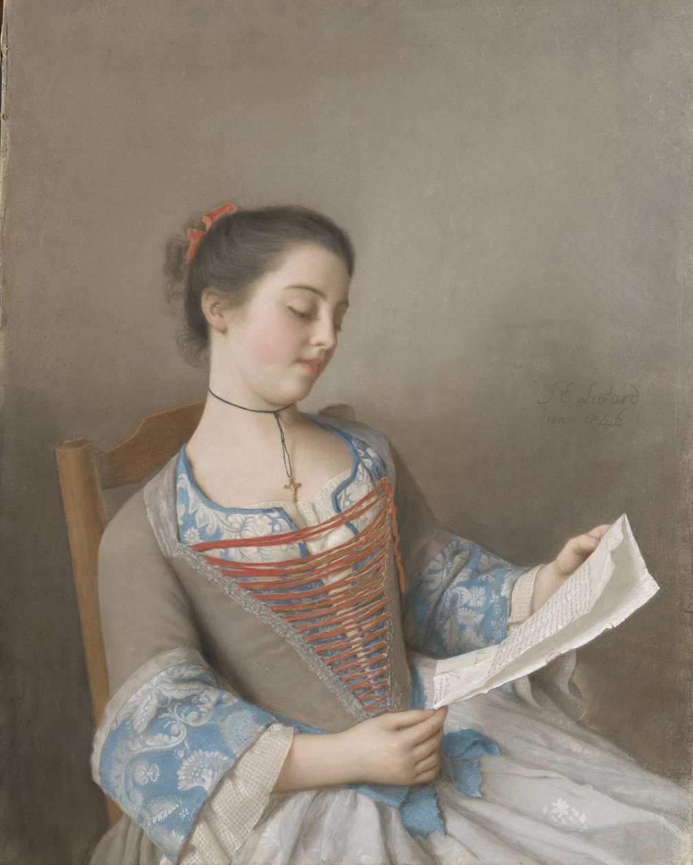 La liseuse Marianne Lavergne, een nicht van de kunstenaar, in Lyonse plattelandskleding, 1746 door Jean Étienne Liotard