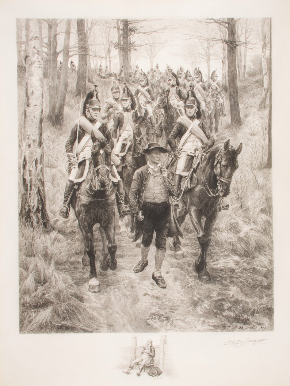 Franse cavalerie die door bossen reist met gids, gegraveerd door Achilles Jacquet (1846-1908) door Jean Louis Ernest Meissonier