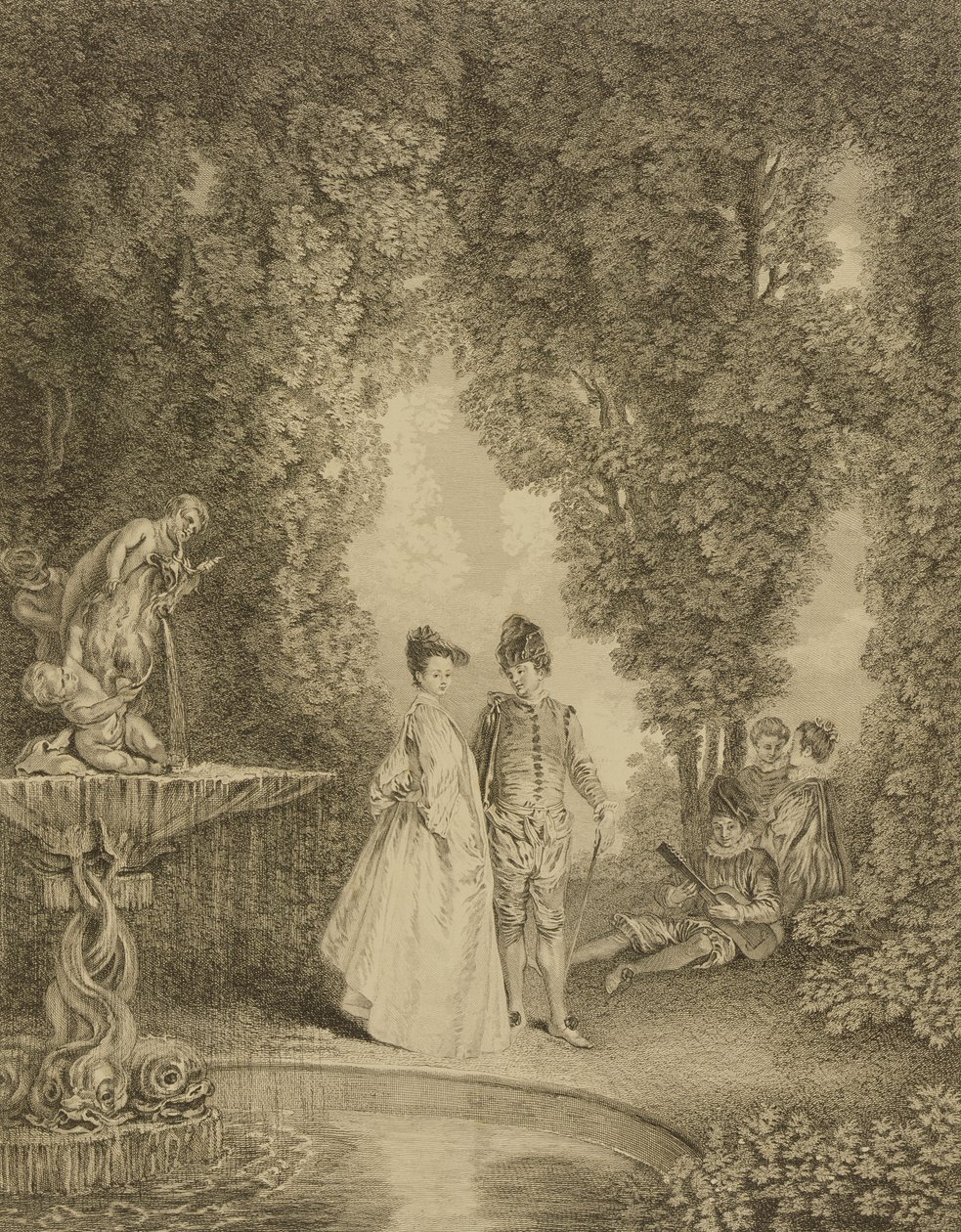 De waterval door Jean Antoine Watteau